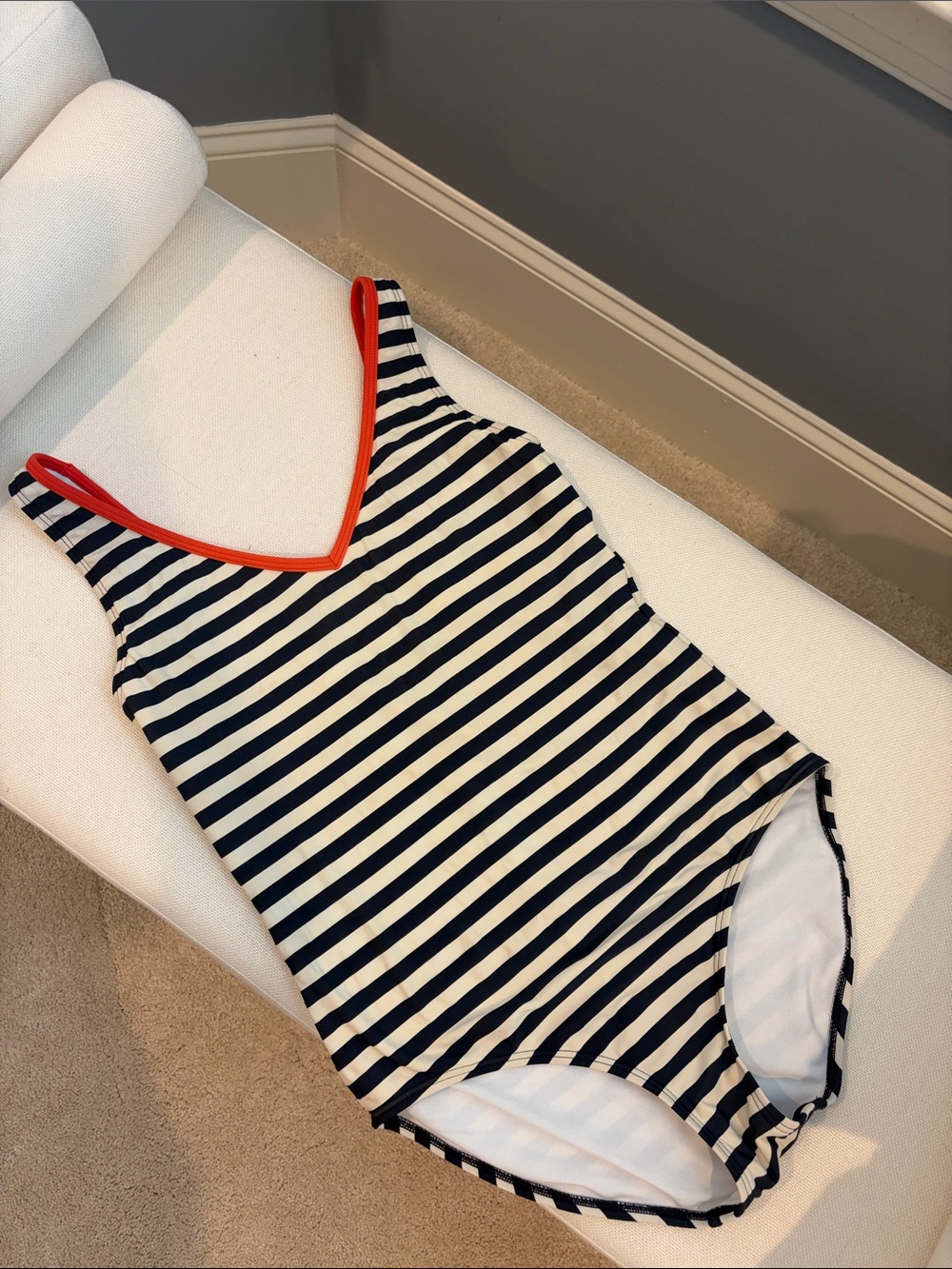 Boden Navy and White Striped One-Piece Swimsuit with Red Trim